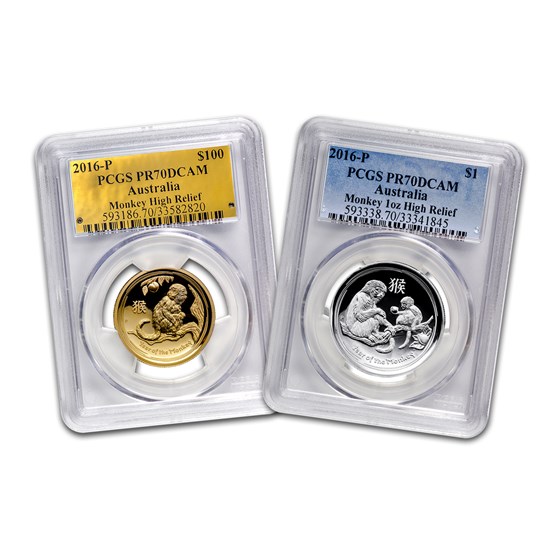 2016 2-Pc 1 oz Gold & Silver High Relief Monkey Set PR-70 PCGS 2016 2-Pc 1 oz Gold & Silver High Relief Monkey Set PR-70 PCGS